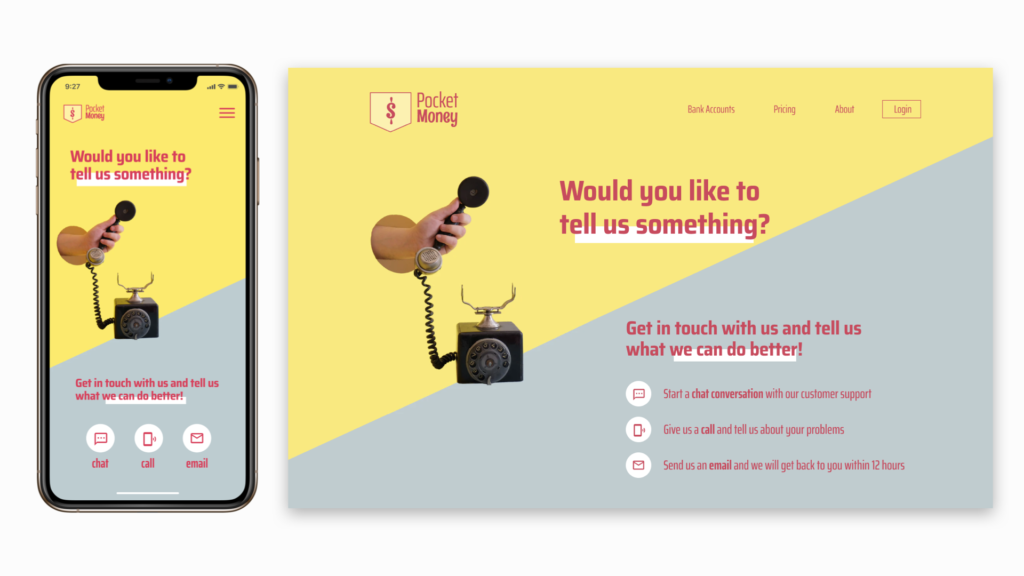 landing page design for mobile and desktop devices for a online banking app to give feedback