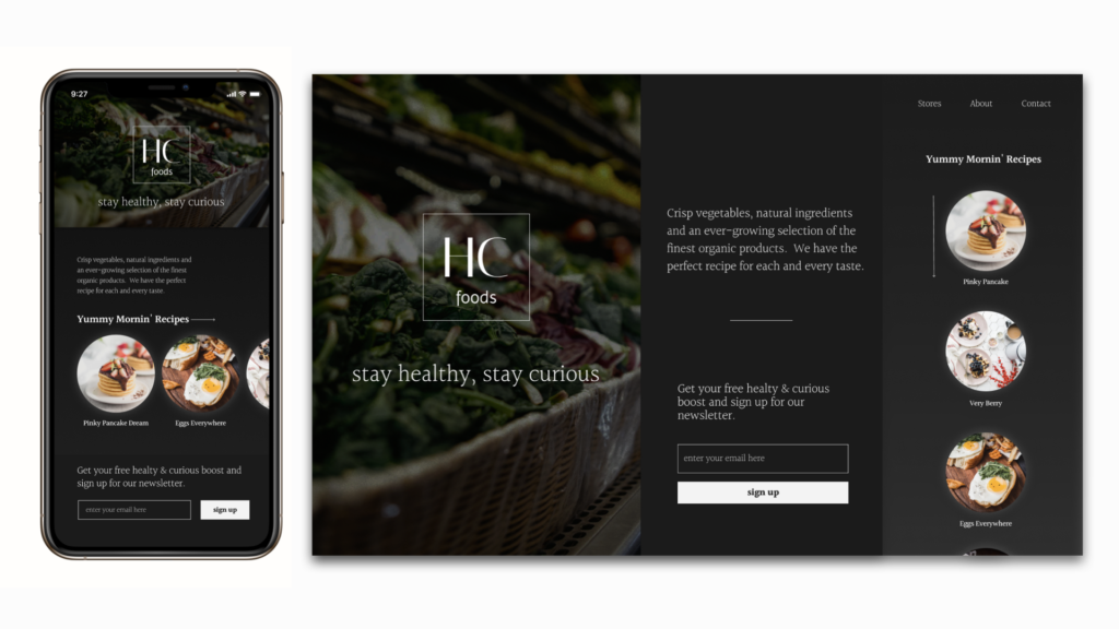 mobile and desktop design for a landing page for a health food store