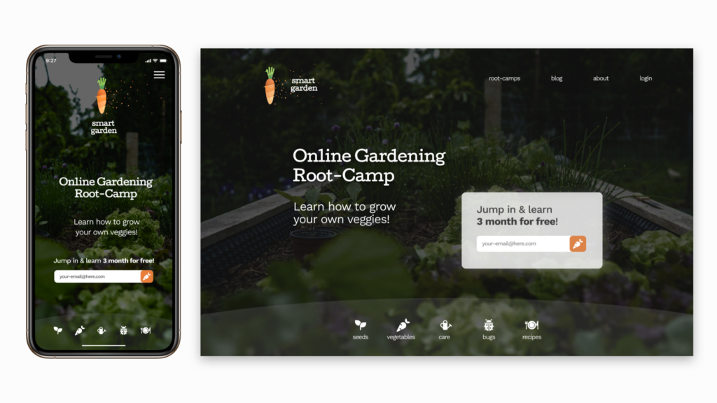 landing page design for mobile and desktop devices for a online learning app for gardening