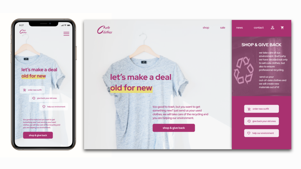mobile and desktop landing page design for a sustainable e-commerce store for clothes