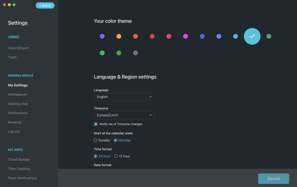 Dark mode and color settings in the Clickup desktop app.