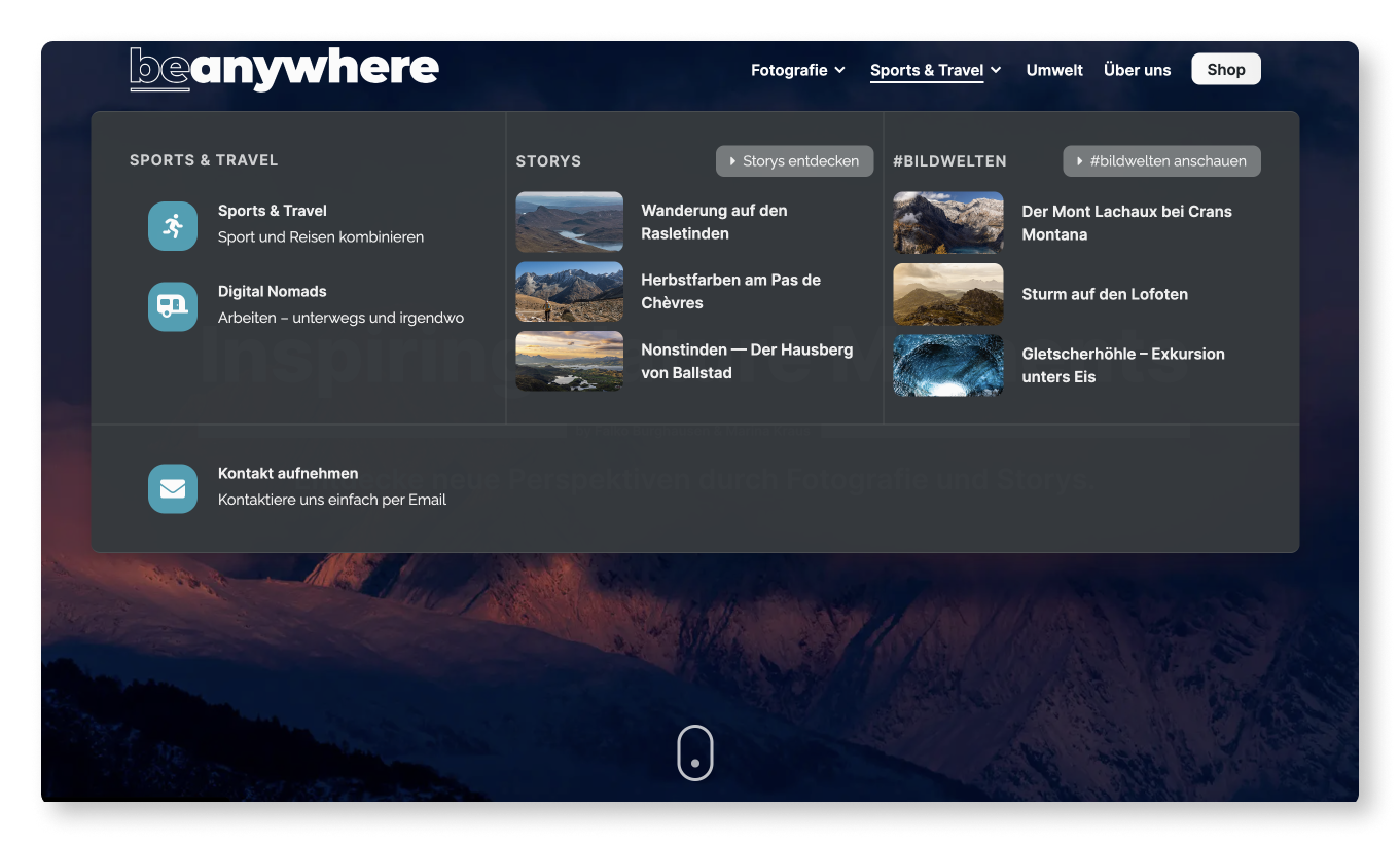 beAnywhere.ch start side with hovering mega menu in dark mode